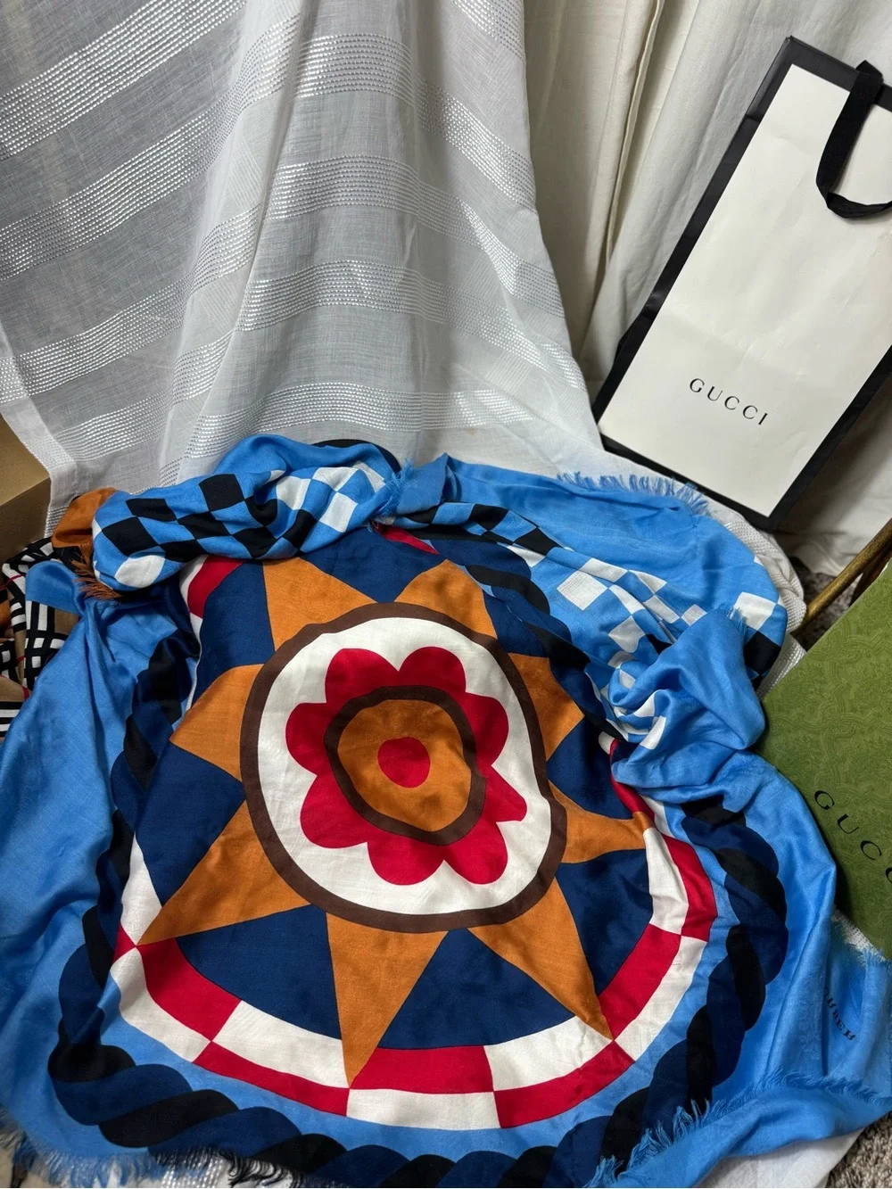 Vintage Y2K Burberry Patterned Scarf Blue Brown Red Orange Checkered